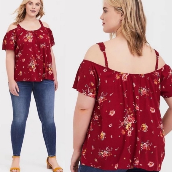 Torrid Crinkle Gauze Cold Shoulder Top Red Floral Flutter Sleeve Boho Size 2X - Picture 1 of 4